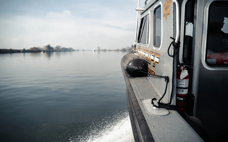A San Joaquin County Sheriff's Office patrol boat traveling on the water